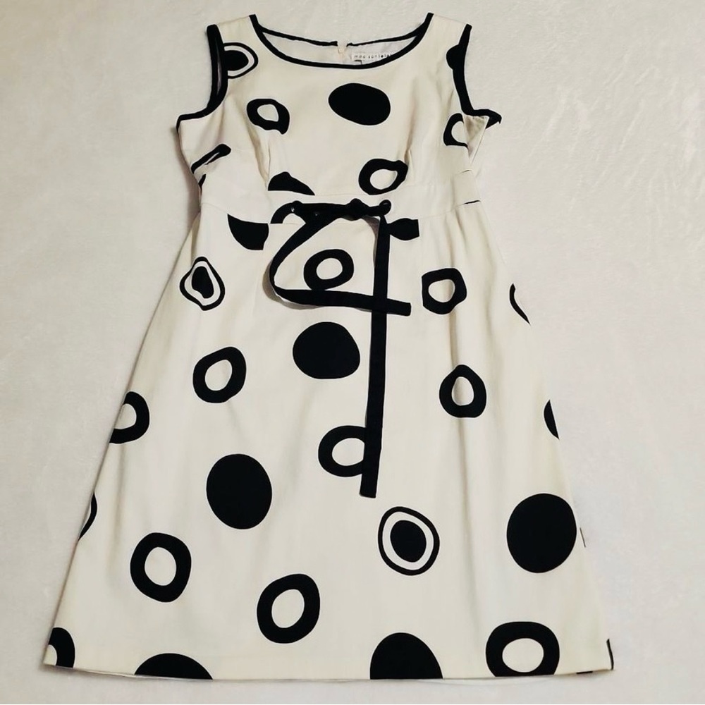 Madison Leigh Off White Sleeveless Bow Waist w Black Polka Dots | US 12